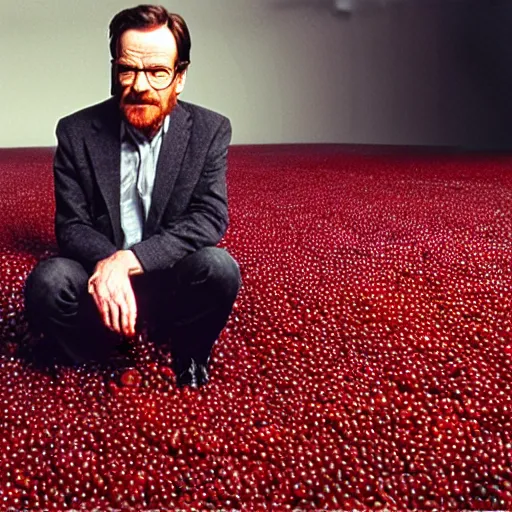 Image similar to tiny bryan cranston's body is a bowl of cranberries, head submerged in cranberries, natural light, sharp, detailed face, magazine, press, photo, steve mccurry, david lazar, canon, nikon, focus