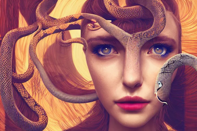 Image similar to photo of woman with snakes instead of hair in modern city, elegant, highly detailed, smooth, sharp focus, trippy, dmt, psychedelic, illustration, beautiful, geometric, trending on artstation, cinematic, artwork by WLOP