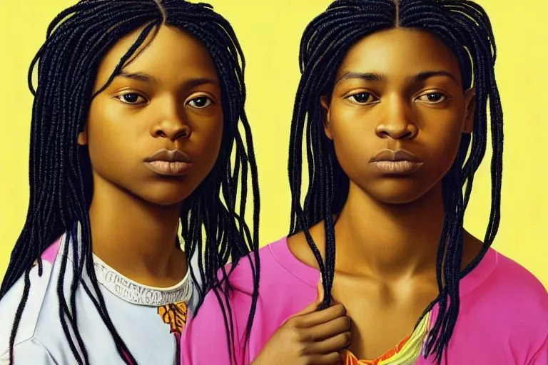 Image similar to a beautiful girl with long hair and with iridescent skin by kehinde wiley