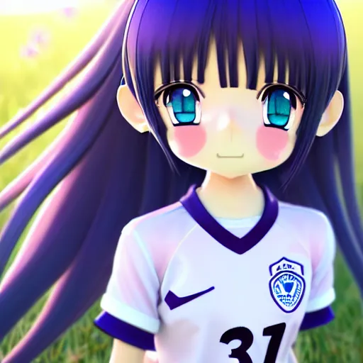 Prompt: A cute young realistic real life 3D anime girl with long blueish indigo hair, wearing a white soccer uniform with shorts, soccer ball against her foot, sitting on one knee in a large grassy green field, shining golden hour, she has detailed black and purple anime eyes, extremely detailed cute anime girl face, she is happy, child like, kid, black anime pupils in her eyes, Haruhi Suzumiya, Umineko, Lucky Star, K-On, Kyoto Animation, she is smiling and happy, tons of details, sitting on one knee on the grass, chibi style, extremely cute, she is smiling and excited, her tiny hands are on her thighs, she has a cute expressive face