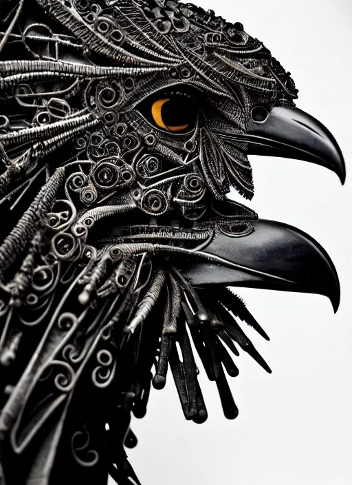 Image similar to a stunning young vegetal female crow - cyborg profile face, face is made intricate tribal bio - mechanical, editorial photography, bw, shot on 7 0 mm, depth of field, f / 2. 8, high contrast, 1 6 k, volumetric lighting, shiny, insanely detailed and intricate, hypermaximalist, elegant, ornate, hyper realistic, super detailed