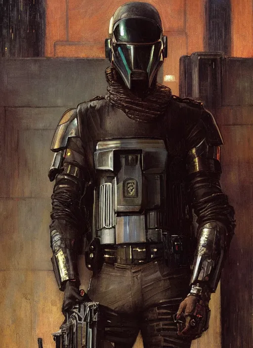 Image similar to Eliezer Nash. Menacing Cyberpunk police trooper wearing a combat vest. Rainy streets (dystopian, police state, Cyberpunk 2077, bladerunner 2049). Iranian orientalist portrait by john william waterhouse and Edwin Longsden Long and Theodore Ralli and Nasreddine Dinet, oil on canvas. Cinematic, vivid colors, hyper realism, realistic proportions, dramatic lighting, high detail 4k