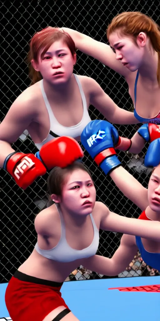 Image similar to two girls fighting mma, hyperrealistic painting, detailed, 4 k resolution, unreal engine