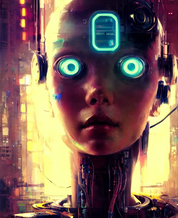 Prompt: portrait of cute robot cyborg girl, wires, neon lights, striking eyes, cyberpunk, highly detailed painting by jeremy mann and cd projekt red