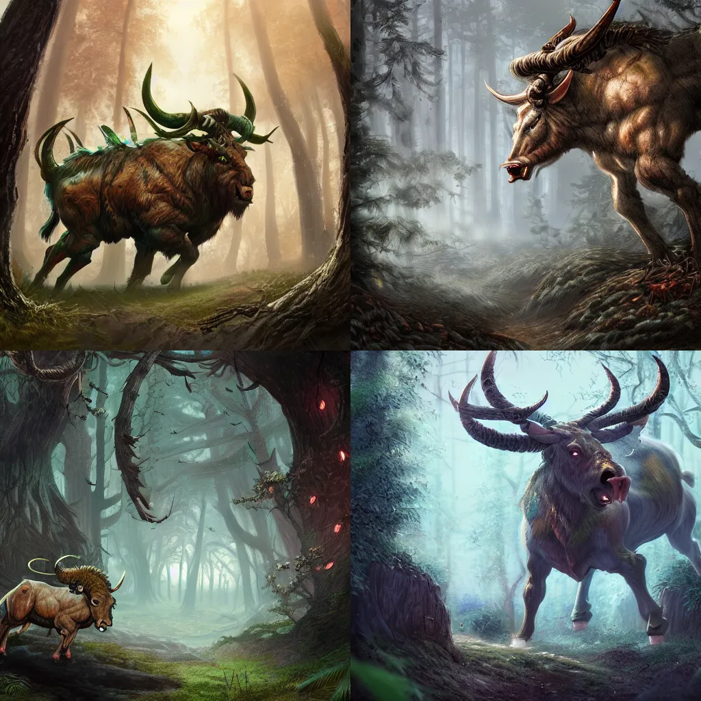 Prompt: a ferocious minotaur in a mysterious forest, fantasy, intricate, highly detailed, digital painting, artstation, concept art, sharp focus, illustration, cinematic, masterpiece