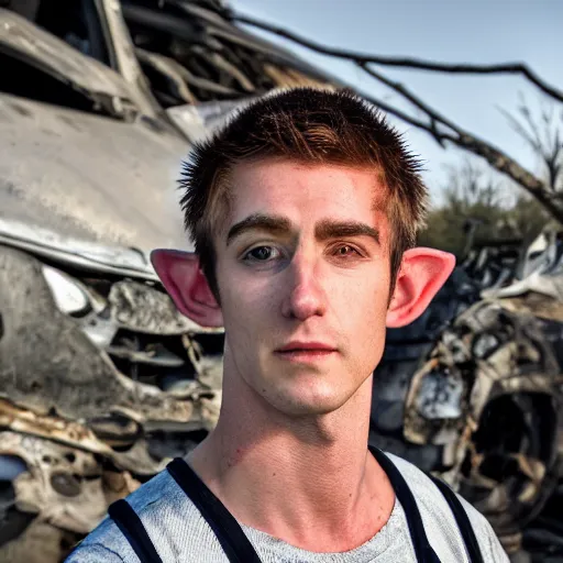 Prompt: close up headshot of a skinny high-fantasy elf with a long face narrow chin and spiky blonde hair wearing dark brown overalls and holding a bomb next to a destroyed car, gel spiked blond hair, small ears, high resolution film still, HDR color