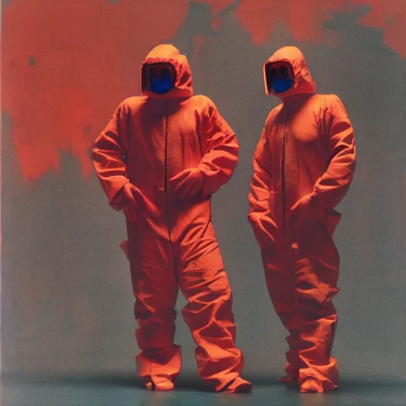 Prompt: two scientists wearing red rick owens hazmat suits escaping the neon event horizon by frank frazetta