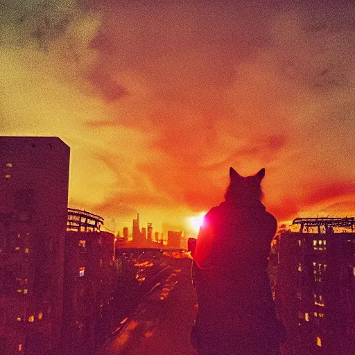 Image similar to cat watching post apocalyptic city with burning red sky