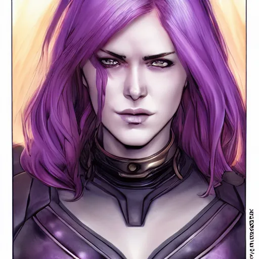 Image similar to extreme close up portrait, pale woman with flowing purple hair in rusty sci - fi power armor, high detail, stoic, elegant, by stjepan sejic, sunstone, dc comic, marvel comic