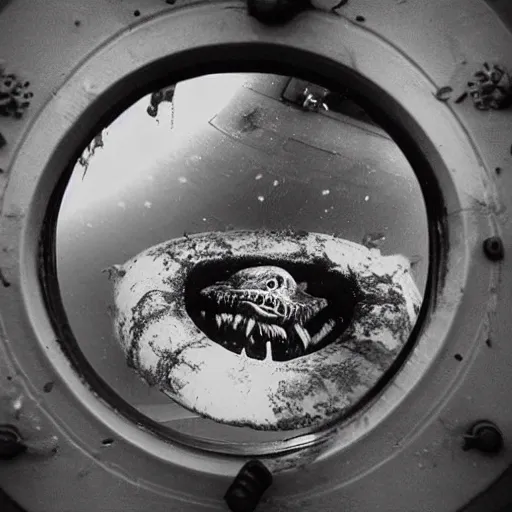 Image similar to an old black and white photo of a nightmarish sea monster seen through the porthole of a submarine, underwater, creepy, scary, dark,