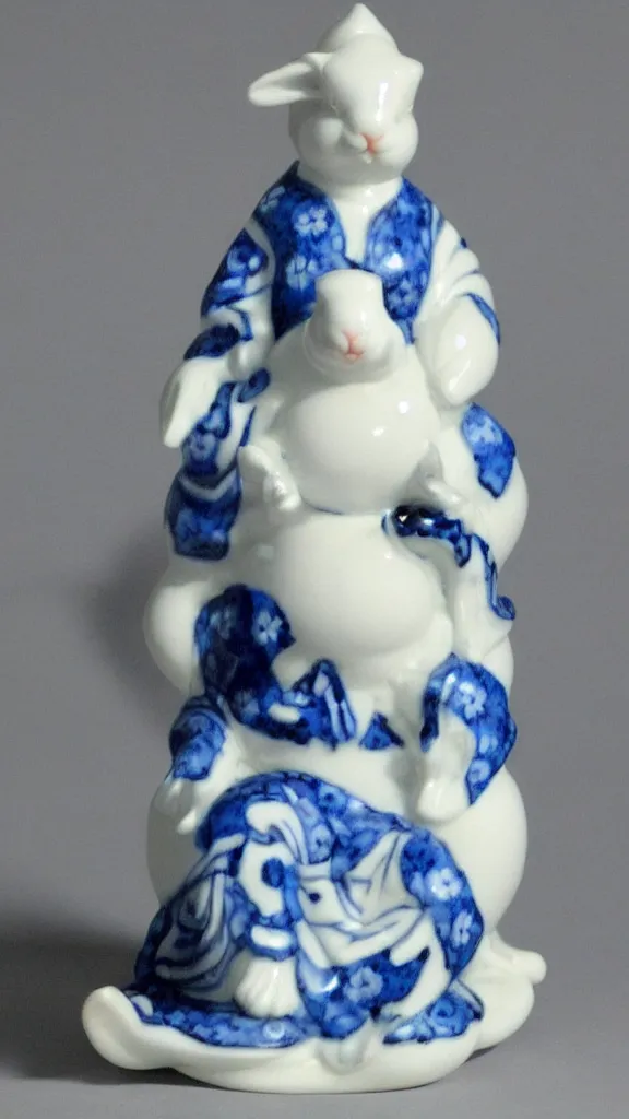 Image similar to porcelain rabbit head budda statue with blue arabesque details with a japanese kiseru in hand painted by john singer sargent