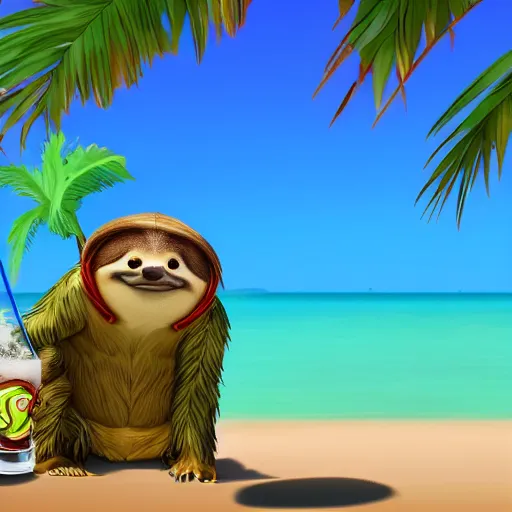 Prompt: sloth wearing a hawaiian shirt and shorts having a drink at the beach with palm trees in the style of the movie zootopia, cinematic, 4 k