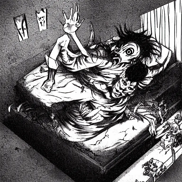 Image similar to cursed illustration of beautifully ominous creepy sleep paralysis demon sliding inside 1 9 8 0's teeanger cluttered bedroom. manga style of junji ito, kentaro mirua, weirdcore, octane render