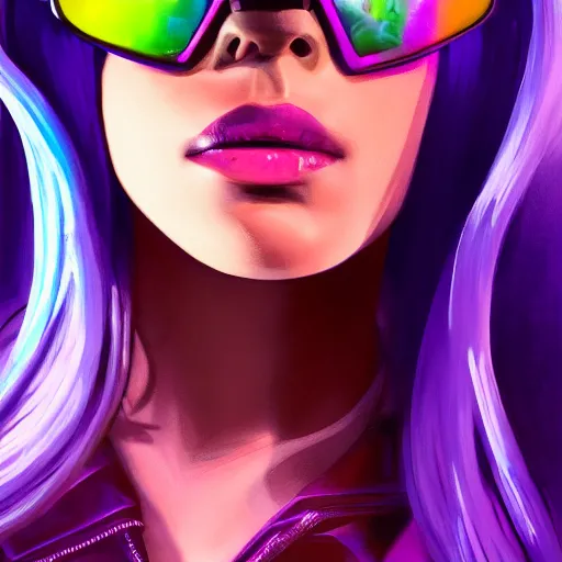 Image similar to closeup painting of a very beautiful young mexican cyberpunk woman with a smirk, wearing light blue shutter shades and a purple coloured leather jacket, one side haircut, long brown hair with light blue ends, portrait, hyperdetailed, artstation, cgsociety, 8 k, synthwave by tangerine dream