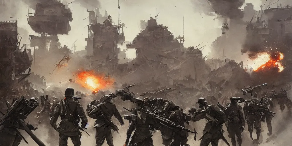 Prompt: french army and civilians are getting slaughtered by one samurai robot in the interbellum paris, very detailed painting, concept art, intense heavy street battle, bullet hell, pile of bodies, artillery bombings, blood on the streets, art by greg rutkowski and jakub rozalski