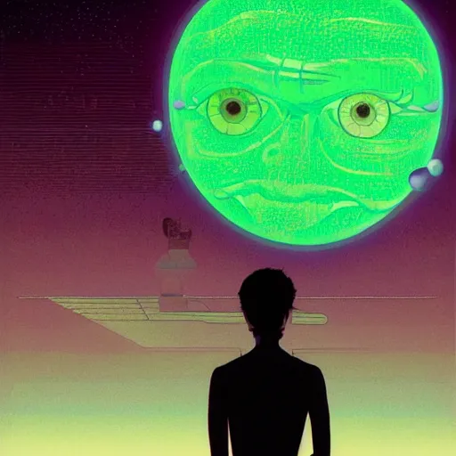 Prompt: portrait of a confident skinny young man with wavy brown hair becoming an omniscient being with huge glowing eyes , high detail, concept art, neon color, vivid color, floating particles, glowing green eyes, background by john harris + david a. hardy, artwork by jean giraud + goro fujita