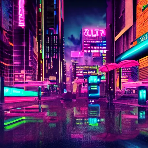 Image similar to cyberpunk city scene at night with colorful neon lit rainy streets and signs with a flamingo, film still