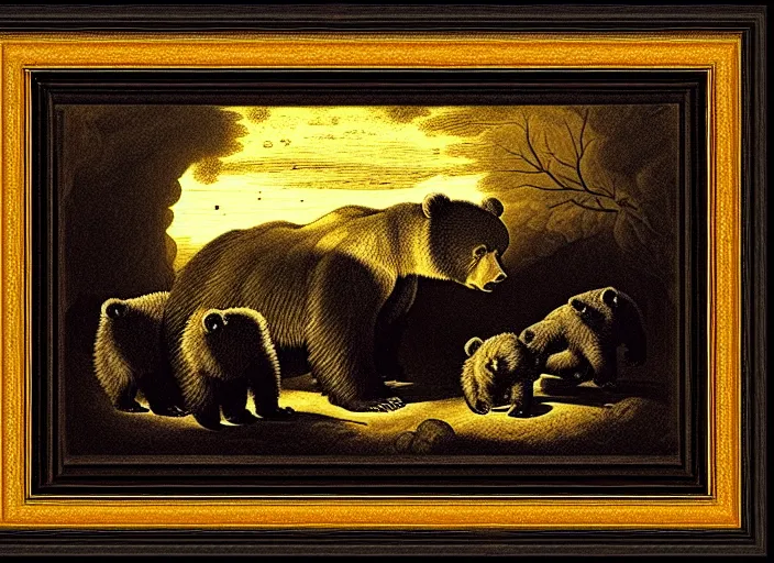 Prompt: Pieter Claesz's 'a bear and her cubs sleeping in a dark cave, lit by hole in roof', night time, cross hatching, framed, monochrome, colours of the sunset