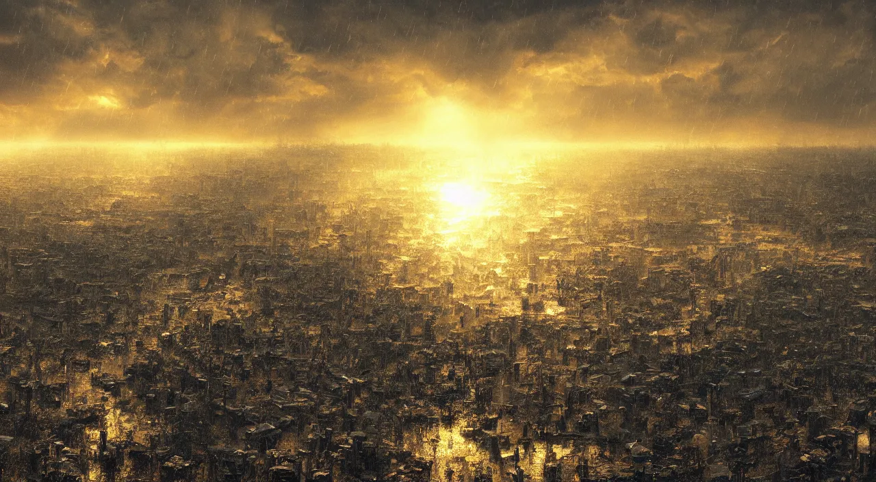 Image similar to The last rain on earth, hyper detailed photorealistic, golden hour