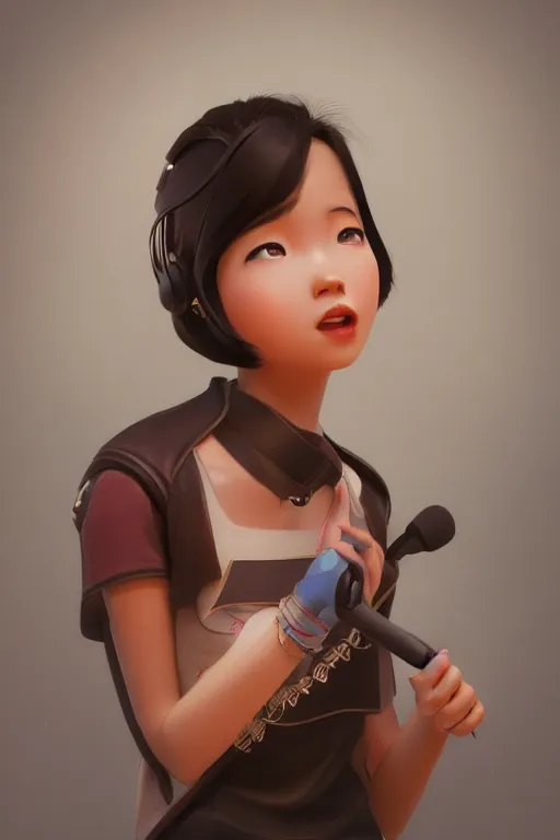 Image similar to a portrait of cute Asian girl singing, short hair, in the style of DreamWorks animation, low angle view, 16mm lens, award winning, hyper detailed, dramatic lighting, artstation, octane renderer, unreal engine