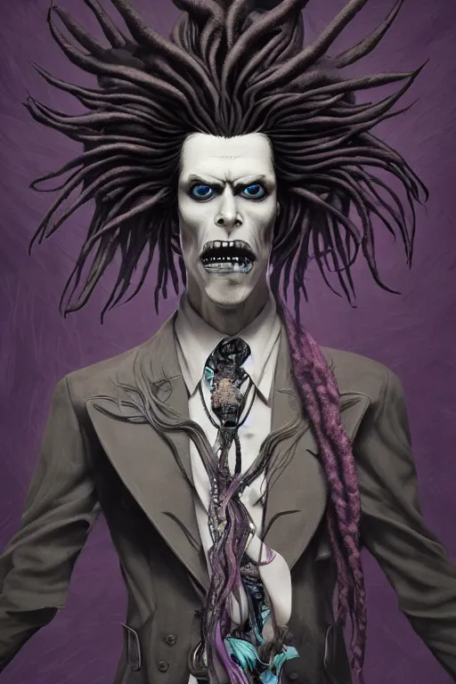 Prompt: vaporwave, an elegant sophisticated gothic king with long wild dreads, straight on, by artgerm, jamie hewlett, tom bagshaw, gerald brom, 4 k, smooth, hd, substance designer render, full body character concept art, cel shading, toon shading,