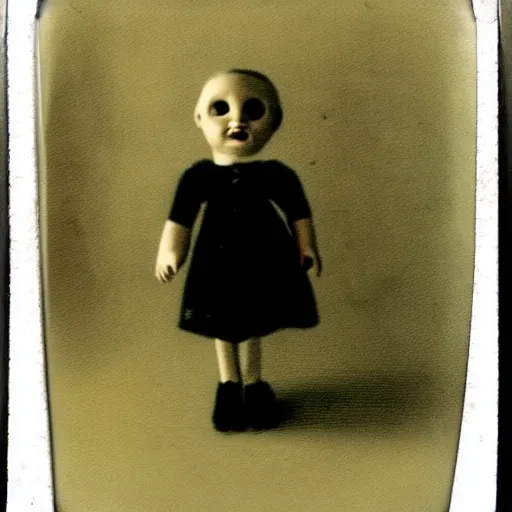 Image similar to aged polaroid photo of a scary doll in empty room, gloomy, grainy