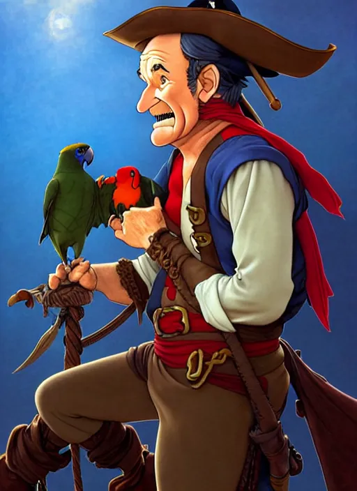 Image similar to robin williams as a pirate wearing black. parrot on his shoulder, on a pirate ship natural lighting, path traced, highly detailed, high quality, digital painting, by don bluth and ross tran and studio ghibli and alphonse mucha, artgerm