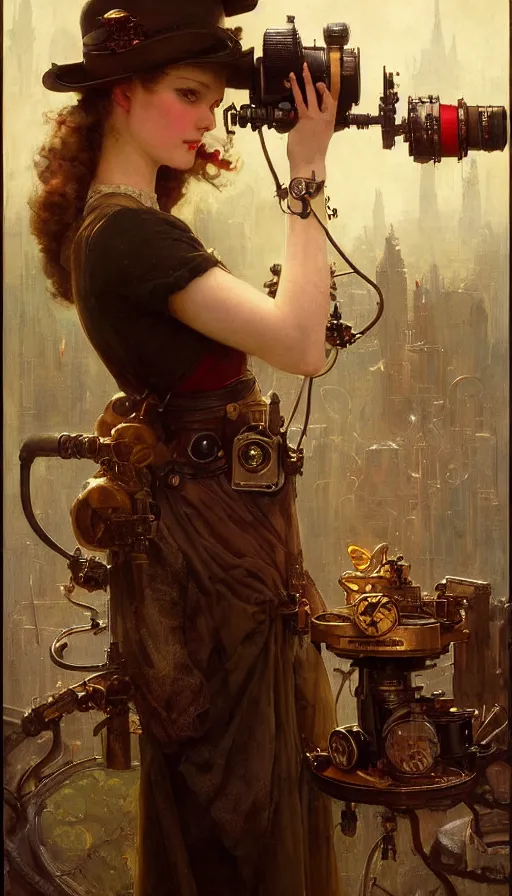 Image similar to hyper realistic photographer looking through camera, magical, steampunk, painted by norman rockwell, tom bagshaw, mucha, gaston bussiere, craig mullins, j. c. leyendecker 8 k