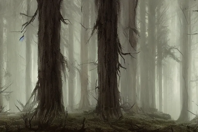 Image similar to forest, horror, illustrated by Greg Rutkowski and Caspar David Friedrich, Trending on artstation, artstationHD, artstationHQ