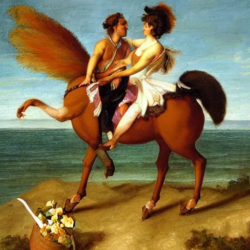 Image similar to a giant squirrel!!!! carrying napoleon bonaparte on its back, beach scene with flowers and foliage, detailed oil painting