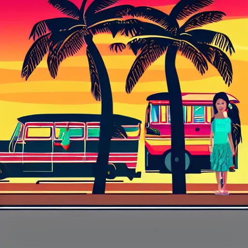 Prompt: a jeepney, palm tree, philippine sun and filipino girl wearing traditional clothes, stylized vector art, white background, trending on artstation