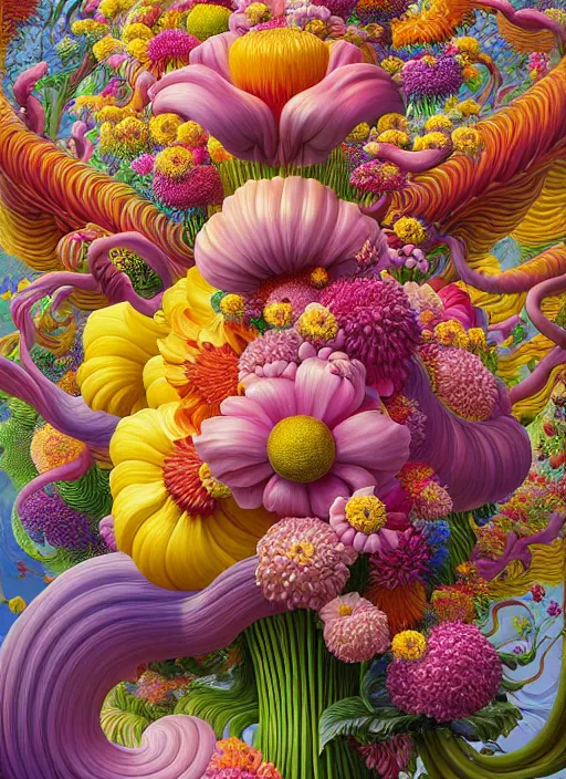 Image similar to hyper detailed illustration like a Oil painting - a vivid exotic flower bouquet, long petals, huge blossoms, by Jacek Yerka, Mariusz Lewandowski, Houdini algorithmic chromatic colors, long brush strokes, Masterpiece, Edward Hopper and James Gilleard, Zdzislaw Beksinski, Mark Ryden, Wolfgang Lettl, hints of Yayoi Kasuma, octane render, 8k