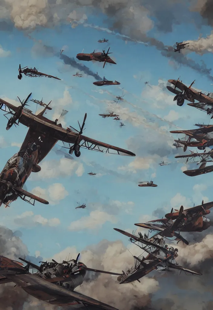 Image similar to handmade illustration of an epic World War I air scene with only two 1914 airplanes fighting, some smoke and fire, blue sky with dramatic clouds, line art, ballpoint, oil on canvas by Kilian Eng and by Jake Parker, heavy brushstrokes, winning-award masterpiece, fantastic, octane render, 8K HD Resolution, High quality image