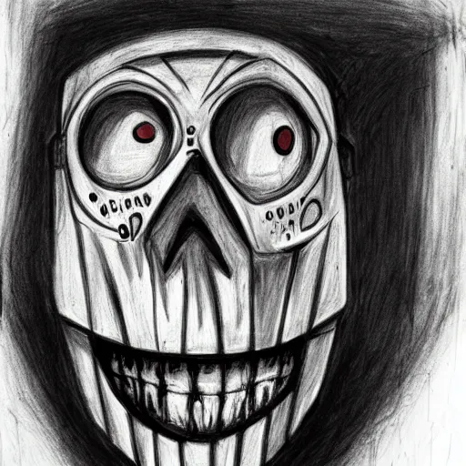 Image similar to a scary horror themed robot, drawn with charcoal and pen and ink