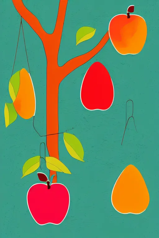 Image similar to minimalist boho style art of a colorful apple hanging on a tree, illustration, vector art