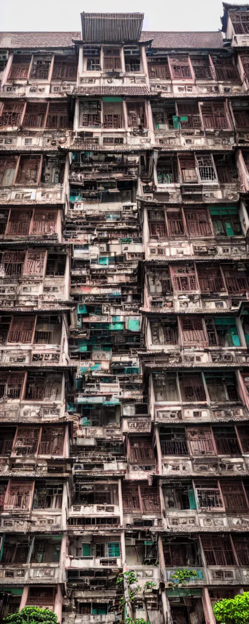 Image similar to a front view of the exterior of Kowloon walled city in Hong Kong, flat lay, flat perspective, front perspective, very detailed, photoreal, 8k,