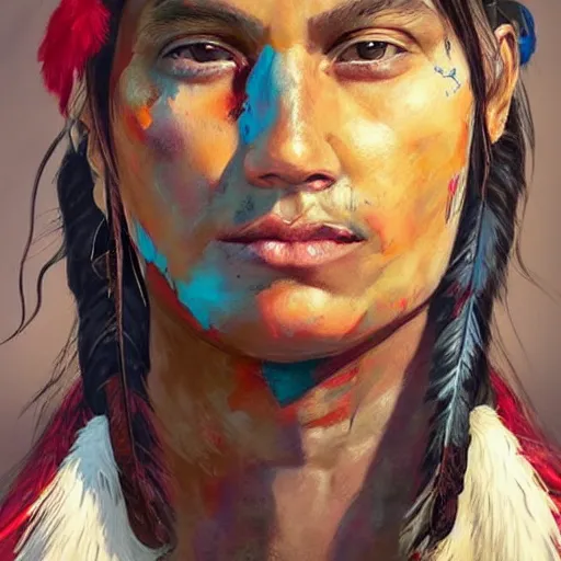 Prompt: painting, native american portrait on tshirt, artstation, detailed