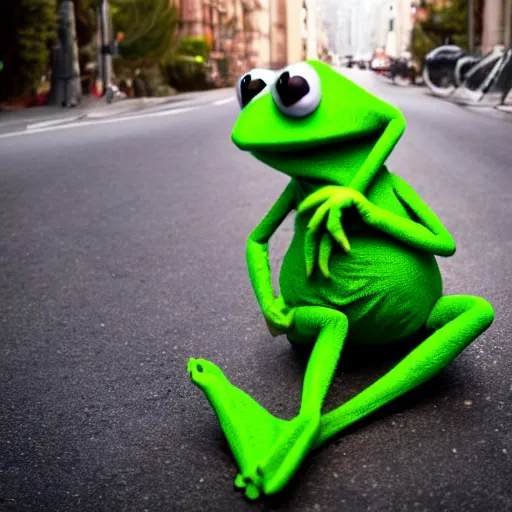 Image similar to slimy kermit the frog leaning against a motorcycle. gq magazine wide angle photograph.