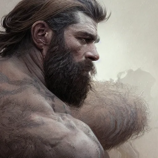 Image similar to back portrait of a rugged ranger, hairy, D&D, muscular, fantasy, intricate, elegant, highly detailed, digital painting, artstation, concept art, matte, sharp focus, illustration, art by Artgerm and Greg Rutkowski and Alphonse Mucha