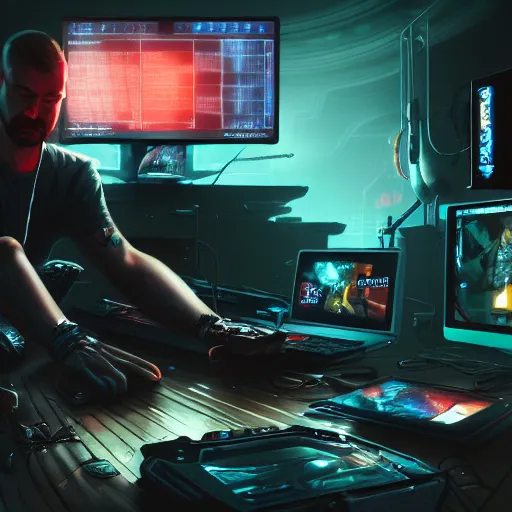 Image similar to realistic man using laptop in gaming room, artstation trends, cyberpunk concept art, highly detailed, intricate, sharp focus, digital art, 8 k