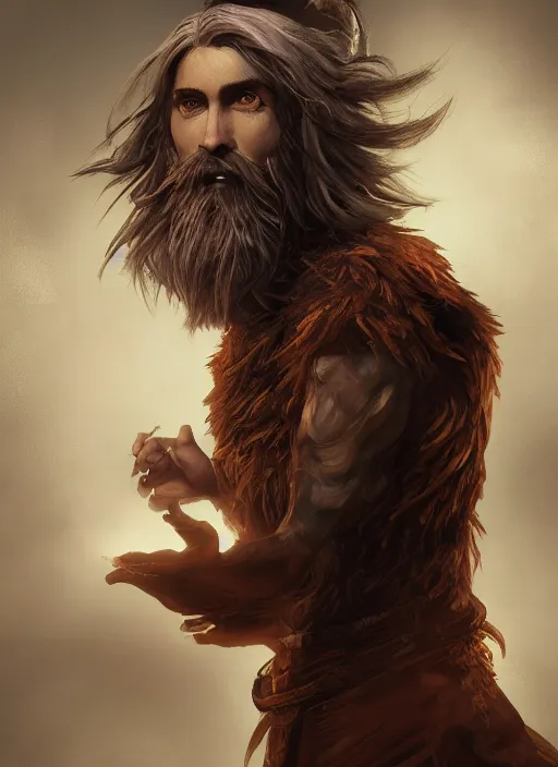 Prompt: an epic fantastic realism comic book style portrait painting of an aasimar warlock, male, shaggy hair, short brown beard, d & d concept art, unreal 5, daz, petrol aesthetic, octane render, cosplay, rpg portrait, dynamic lighting