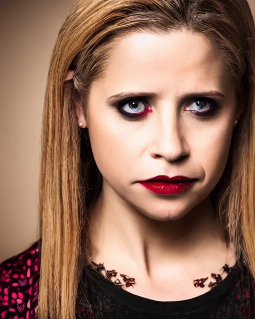 Prompt: A studio portrait of Buffy Summers as a vampire; bokeh, 90mm, f/1.4