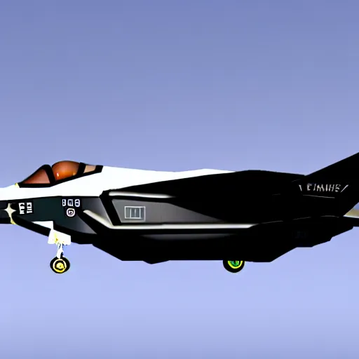 Prompt: The F-35 in the style of the Space Shuttle, black belly, white cloth top