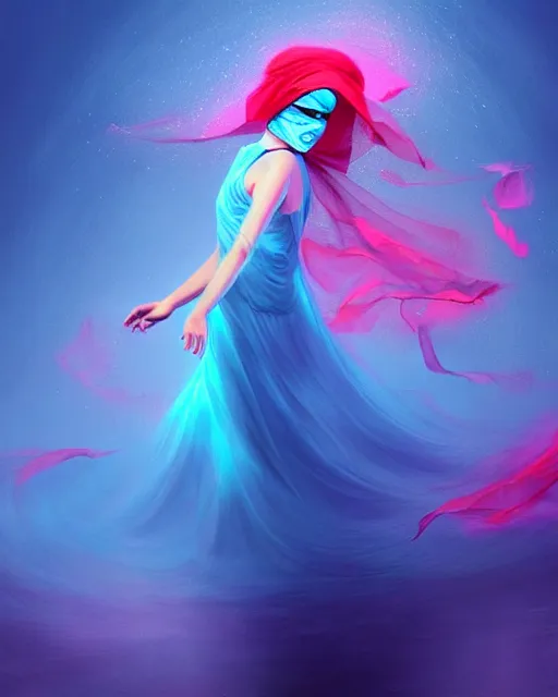 Image similar to beautiful arab woman in niqab, floating in mid - air, long flowing fabric, haunting, dancer, flowers, rain, lightning, storm, digital painting, illustration by james jean and tinothy kong and artgerm, volumetric lighting, realism, artstation