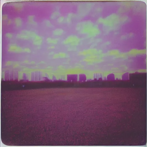 Prompt: a pastel coloured Polaroid photo of a large cube made of transparent neon perspex, each pane is a different colour stood in a field, beams of light, nostalgic