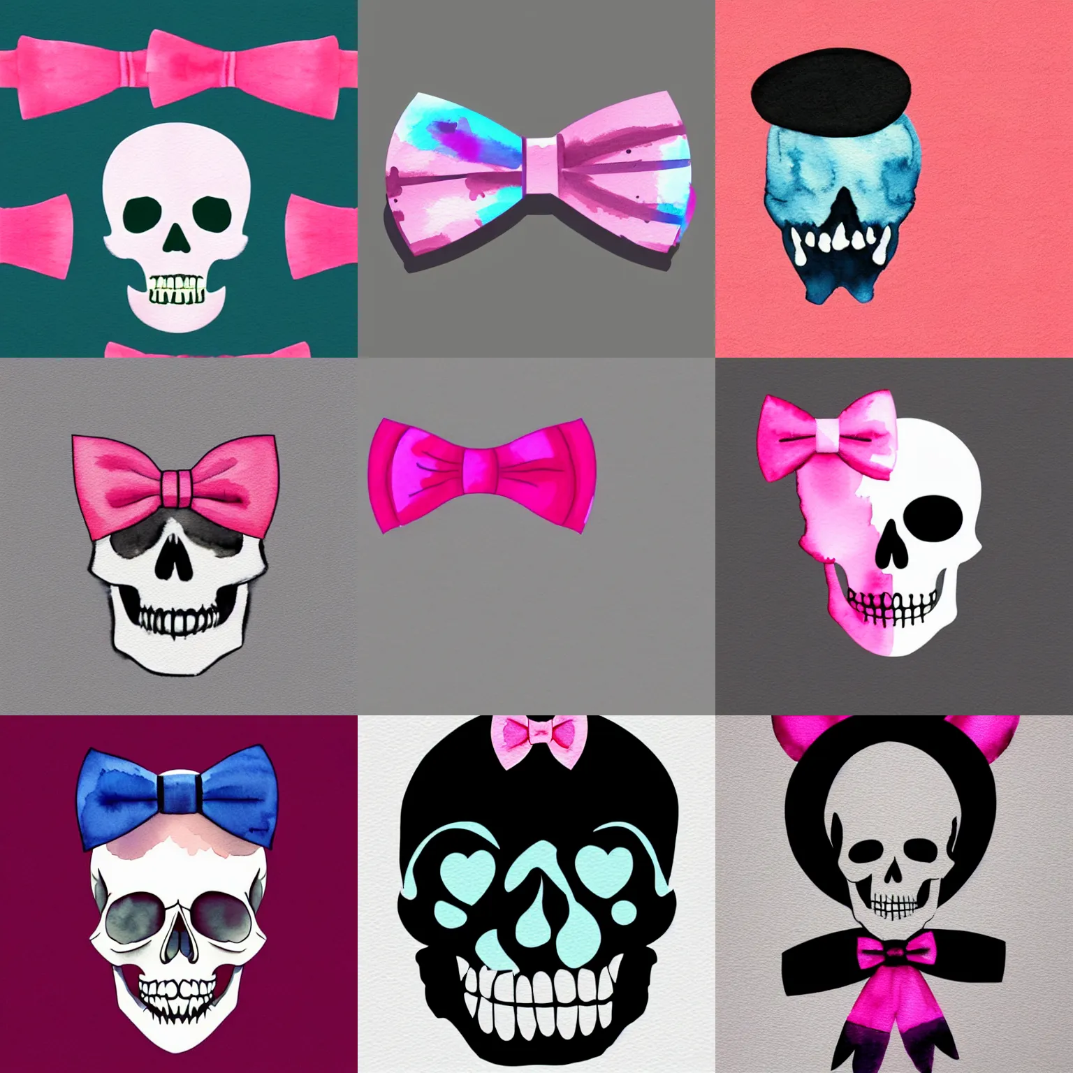 Prompt: minimal watercolor upper skull wearing a pink bow tie, trending on artstation, vector, flat colors