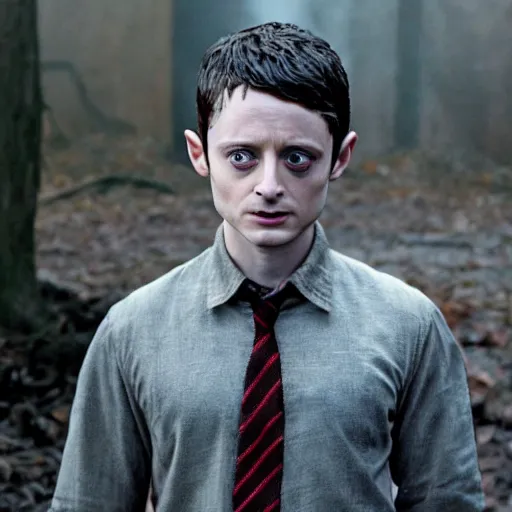 Image similar to Film Still of a elijah wood playing Harry Potter, Film Still, realistic, hyperrealistic, very realistic, very very realistic, highly detailed, very detailed, extremely detailed, detailed, detailed face, very detailed face, very detailed face, realism, HD Quality, 8k resolution, intricate details, body and head in frame, Real Life