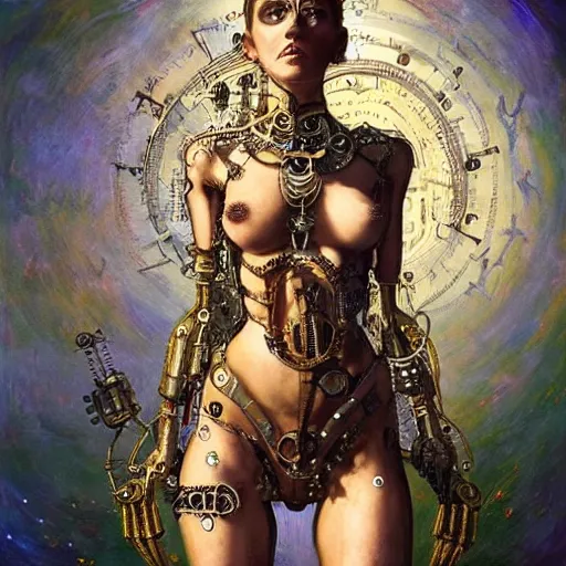 Image similar to A ful body photo of a steampunk beautiful goddess, she half human and half robot, she is embellished with gears wheels and gemstones, by William Holman Hunt, Greg Rutkowski, Stanely Artgerm, Tooth Wu, Peter Gric, Aaron Horkey, trending on Artstation, digital art, mythological, symmetrical artwork, cinematic lighting, hyper realism, high detail, octane render, ultra realistic, golden ratio, 4k, 8k