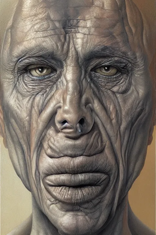 Prompt: beautiful clean oil painting biomechanical portrait of man face by wayne barlowe, complex, stunning, realistic, skin color