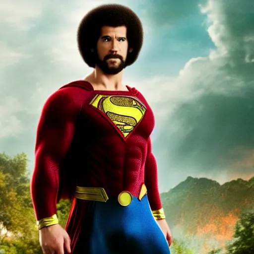 Image similar to movie scene of bob ross as superman,avengers,cinematic,hyperdetailed,photorealistoc,cinematic,professional lighting,professional compositong,8k,detailed face,muscular,shot from a high quality movie,avengers 2022
